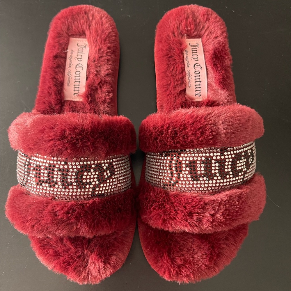 Juicy Couture Ruby Red Rhinestone Fuzzy Slides